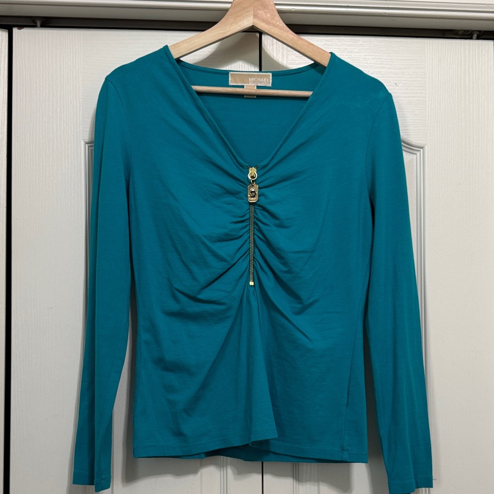 Michael Kors Turquoise Gathered Front Blouse